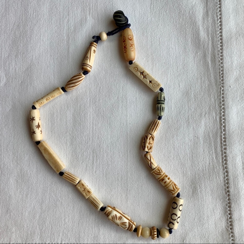 Vintage Bone & Hemp Bead Necklace 17” Handmade